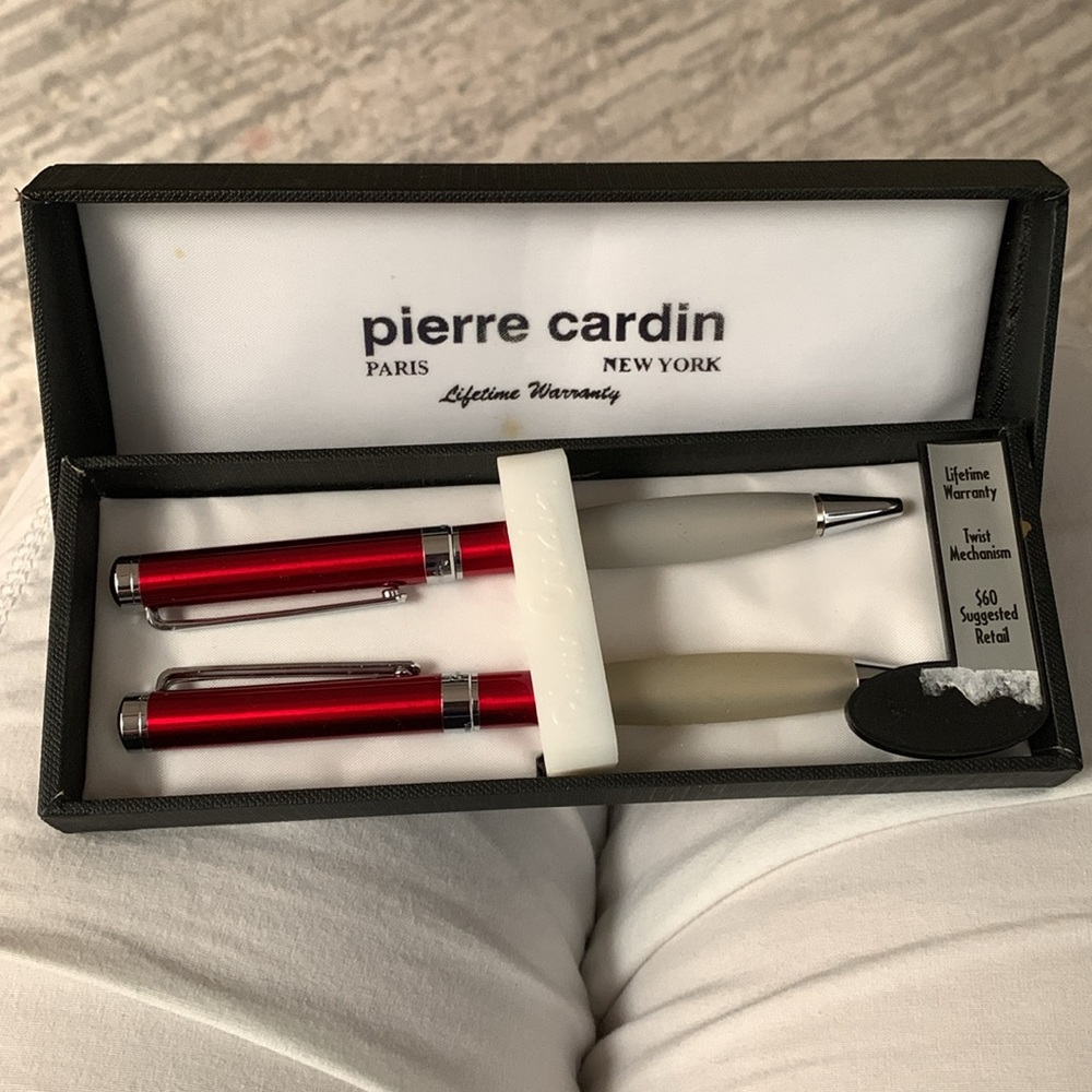 NIB Pierre Cardin Pen & Pencil Red Shiny Polished Chrome & Rubber grip Set